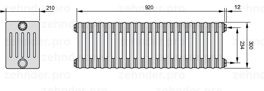Схема (чертеж) Радиатор Zehnder Charleston 6030/20 №7610 Белый глянцевый RAL 9016